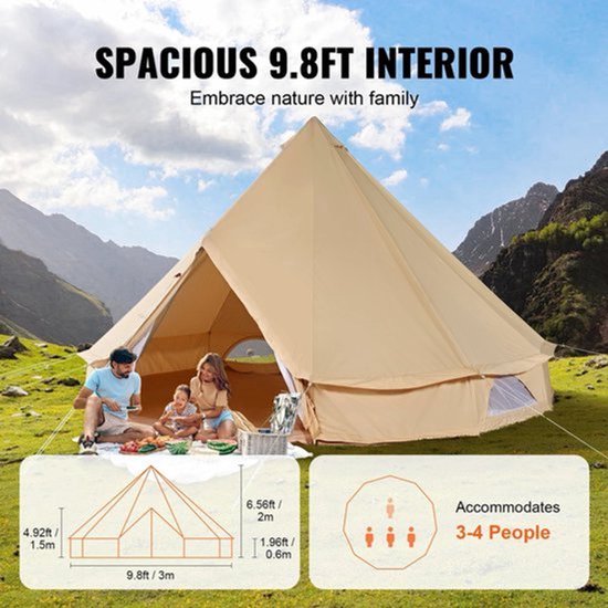 Canvas Bell Tent - Tent - Pop up tent- Kampeertent - 3M Diameter - 4-Seizoenen Gebruik – Ademend & Waterdicht – Inclusief Kachelopening – Geschikt voor Kamperen & Outdoor