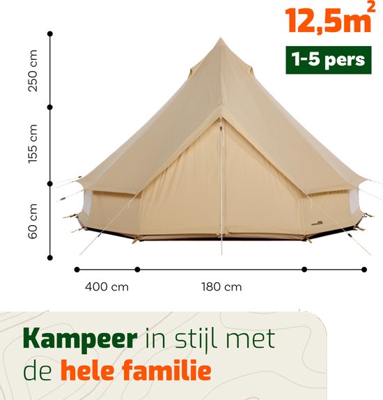 CanvasCamp Sibley 400 Traveller Poly - Katoen Bell Tent - Tipitenten - Tent voor 1 tot 5 personen - 400x400x250 (LxBxH) - Glamping Tent, Festival Tent - Waterdicht, muggengaas bij de ramen en deuren van CanvasCamp