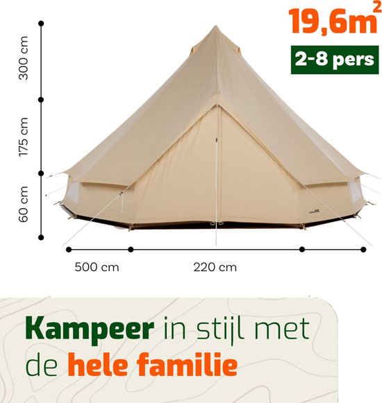 CanvasCamp Sibley 500 Traveller Poly - Katoen Bell Tent - Tipitenten - Tent voor 2 tot 8 personen - 500x500x300 (LxBxH) - Glamping Tent, Festival Tent - Waterdicht, muggengaas bij de ramen en deuren van CanvasCamp