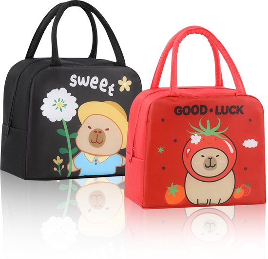 Capibara Lunch Bag, 2 Pieces, Small Thermal Lunch Bag, Cute Lunch Bag for Kids, Lunch Bag for Work, School, Picnic, Gift for Girls and Women (Red, Black) van FlowFly