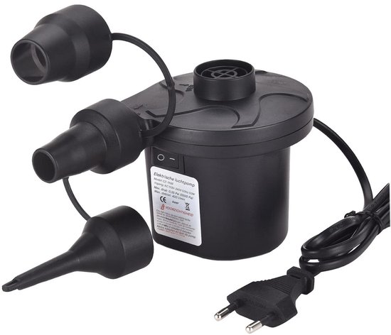 carmdering - Luchtpomp - Elektrische Luchtpomp - 2-in-1 Pomp - Blaas en zuig, 3 mondstukken (S, M, L) - Compact en draagbaar - Voor zwembad, luchtbed, boot en opblaasbaar speelgoed - Niet voor banden of ballonnen