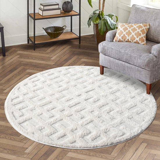 Carpet city Skandi Vloerkleed voor de woonkamer, hoogpolig, crème, 160 cm, rond, geometrisch hoog-laag-patroon, 3D-effect, bedkleed, slaapkamertapijt, boho, boho, crème