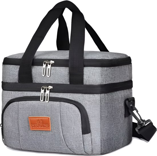 CarryQuest® - Geïsoleerde Koeltas - Lunchtas - Multifunctionele Dubbele Lagen Tote Koeler Lunch Tas - Picknick Tas - Houdt Warm en Koud Gescheiden - Picknick Lunchbox Met Schouderriem - Hoogwaardig Polyester - Grijs van Merkloos