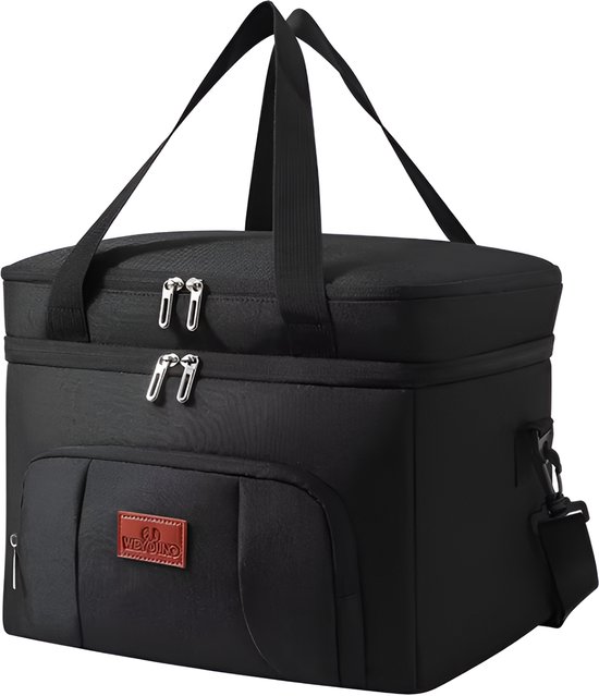 CarryQuest® - Geïsoleerde Koeltas - Lunchtas - Multifunctionele Dubbele Lagen Tote Koeler Lunch Tas - Picknick Tas - Houdt Warm en Koud Gescheiden - Picknick Lunchbox Met Schouderriem - Hoogwaardig Polyester - Zwart van Merkloos