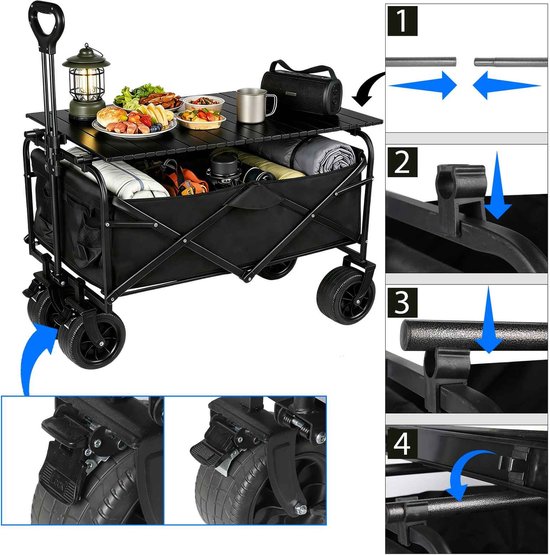 Casa Living Opvouwbare Bolderkar - Campingkar 50L - Inklapbaar Ontwerp - Stevig Stalen Frame - 360° Draaibare Wielen - Zwart