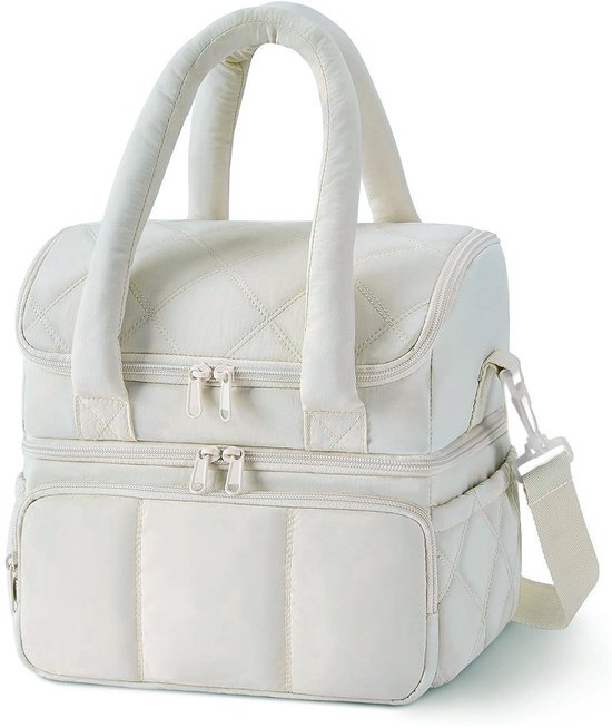 Casalora® Geïsoleerde Lunchtas 2-Laags - Gewatteerde Puffer Lunch Bag - Dubbel Compartiment - Thermische Koeltas - Picknicktas voor Werk, School en Onderweg - Wit