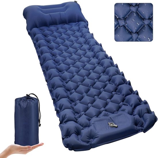 Casalora Kochar Slaapmat Opblazen - Slaapmat met ingebouwde voetpomp & hoofdkussen - 200 x 70 x 7cm - Camping matras - Slaapmatje - Donkerblauw