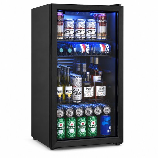 Celestul Drankenkoelkast 90L Zwart - Minibar met Glazen Deur - 126 Blikjes - No Frost - LED Verlichting - Bierkoelkast