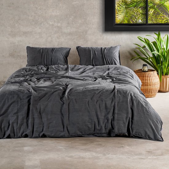 Charm & Co Stonewashed Antraciet - Dekbedovertrek - Eenpersoons - 140 x 200/220 - Antraciet van Charm & Co
