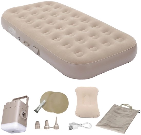 Chelsey-Store - Opblaasbaar Luchtbed - Campingbed - Ingebouwde Elektrische Pomp - Ledverlichting - 190x100x25 cm - Beige