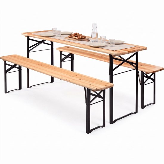 Cheqo® Biertafelset 3-Delig - Picknickset - Picknicktafel met Banken - Biertafel met 2 Banken - Bierbank Set - Campingtafel met Banken - Campingset - Klaptafel met Banken - Inklapbaar - Opvouwbaar - Houten Tuintafel - Tuinset - Vouwtafel