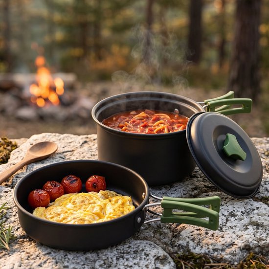 Cheqo® Camping Pannenset Set van 2 - Camping Kookset - Campingpannen - Outdoor Pannenset - Kookgerei Camping - Pannenset Kamperen - Backpacking Pannen - Hiking Pannen - Outdoor Kookgerei - Koekenpan Camping - Potten en Pannen - Kookset Buiten