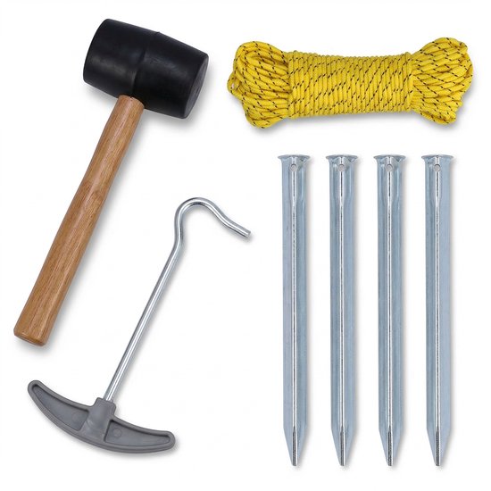 Cheqo® Camping Set - Kampeer Set - Kampeerset - Camping Accessoires Set - Kampeer Accessoires Set - Tent Haringen Set - Haringen Set - Tent Haringen - Haringtrekker - Rubberen Hamer Camping - Scheerlijnen