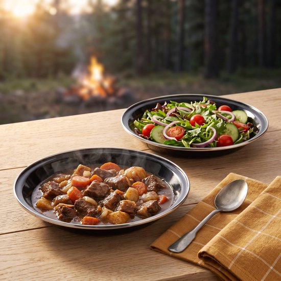 Cheqo® Campingborden Set van 2 - Emaille Borden - Camping Servies - Campingbord - Outdoor Borden - Emaille Servies - Metalen Borden voor Kamperen en Picknicken - Dinerborden - Zwarte Borden - Geëmailleerde Borden - Kampeerservies