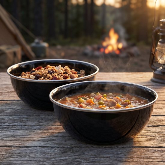 Cheqo® Campingschalen Set van 2 - Emaille Schalen - Camping Servies - Emaille Kommen - Camping Kommen - Emaille Borden - Kampeer Servies - Outdoor Servies - Diepborden - Zwart - Kamperen - Geëmailleerd - Picknick