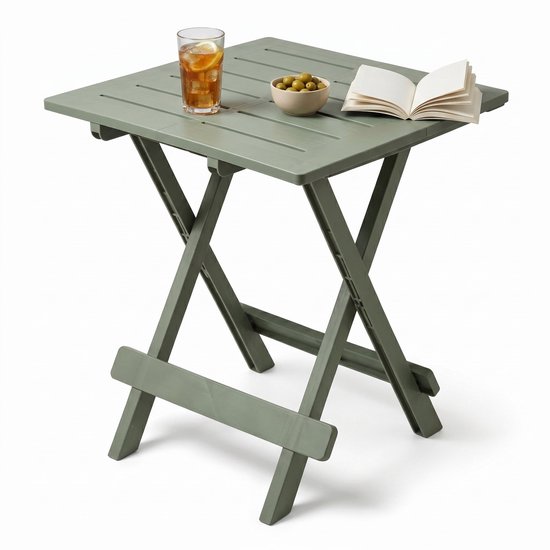 Cheqo® Campingtafel Inklapbaar - Bijzettafel - Klaptafel - Vouwtafel - Opvouwbaar - Balkontafel - Tuintafel - Bijzettafeltje - Tuintafeltje voor Buiten - Weerbestendig - Vierkant - Klein en Compact - Saliegroen - Kunststof Tafeltje - Plooitafel