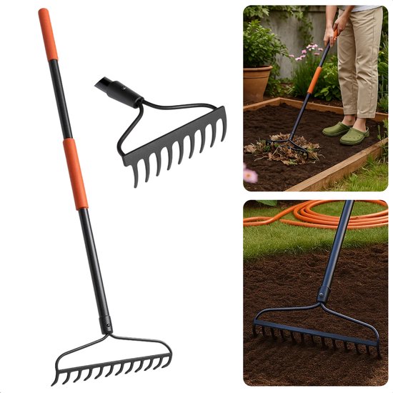 Cheqo® Egalisatie Hark - Glasvezel Steel - Koolstofstalen Kop - Tuin Egaliseren - Zen Garden Creëren - Tuinonderhoud Gereedschap - Gazon Egaliseren - Robuust Tuingereedschap - Grond Bewerken - Stevige en Flexibele Steel - Bodemnivellering van Cheqo