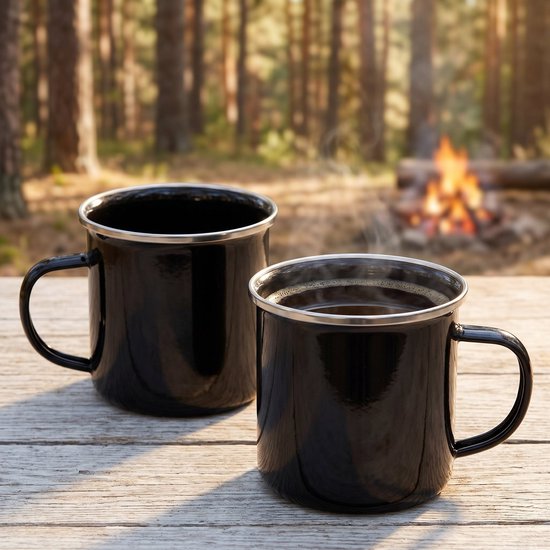 Cheqo® Emaille Mok Set van 2 - Camping Mok - Emaille Beker - Drinkbeker - Kampeermok - Koffiemok - Koffiebeker - Outdoor Mok - Campingbeker - Theemok - Onbreekbare Beker - Metalen Beker - Picknick - Kamperen - Buiten Drinken - Trekking