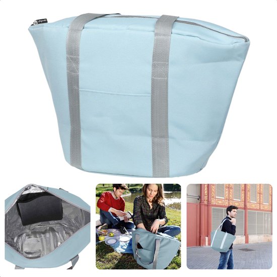 Cheqo® Geïsoleerde Koeltas - 22,3 liter - Blauw - Isolerend - Thermische Binnenkant - Dubbel Handvat - Rits - 18,5 x 18 cm - Verstevigde Bodem - Voor Picknick & Boodschappen van Cheqo