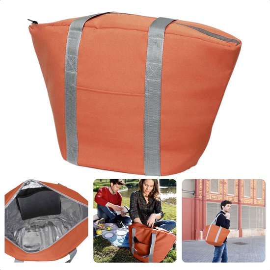 Cheqo® Geïsoleerde Koeltas - 22,3 liter - Oranje - Isolerend - Thermische Binnenkant - Dubbel Handvat - Rits - 18,5 x 18 cm - Verstevigde Bodem - Voor Picknick & Boodschappen van Cheqo