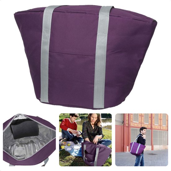 Cheqo® Geïsoleerde Koeltas - 22,3 liter - Paars - Isolerend - Thermische Binnenkant - Dubbel Handvat - Rits - 18,5 x 18 cm - Verstevigde Bodem - Voor Picknick & Boodschappen van Cheqo