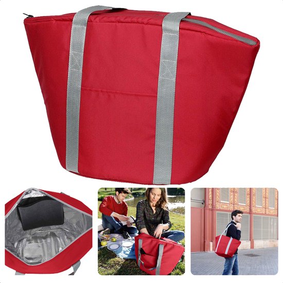 Cheqo® Geïsoleerde Koeltas - 22,3 liter - Rood - Isolerend - Thermische Binnenkant - Dubbel Handvat - Rits - 18,5 x 18 cm - Verstevigde Bodem - Voor Picknick & Boodschappen van Cheqo