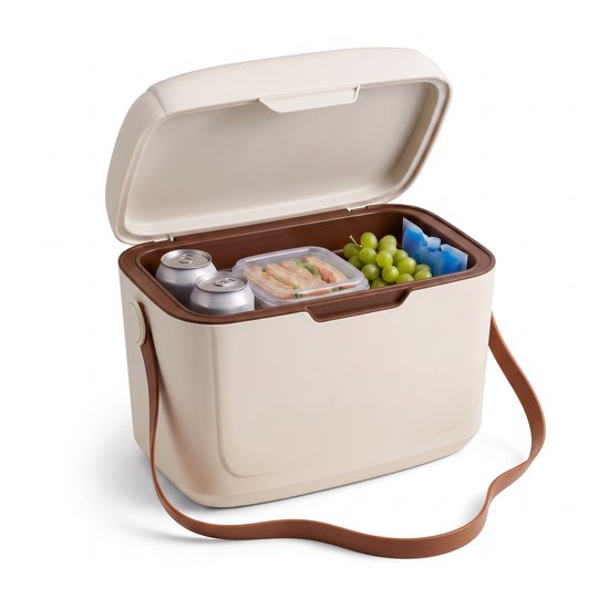 Cheqo® Koelbox 12 Liter - Kleine Koelbox met Schouderband - Draagbare Koelbox zonder Stroom - Passieve Koelbox en Koelkist voor Camping - Koelbox voor Strand en Picknick - Koelbox voor Festival en Auto - Frigobox - Retro Koelbox Taupe van Cheqo