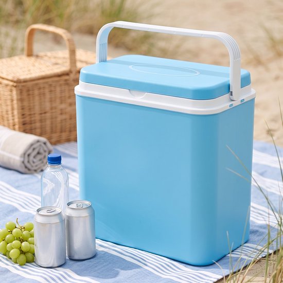 Cheqo® Koelbox Blauw/Wit - Passieve Koelbox Zonder Stroom - Lichtgewicht Draagbare Koelbox met Handvat - Isolatiebox met Deksel - Koeltas voor Picknick - Camping en Strand - Thermobox voor Festival en Boot - Koelkist voor Auto en Kamperen van Cheqo