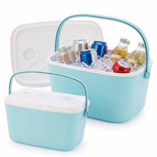 Cheqo® Koelbox Set van 2 - Lichtblauw - Passieve Koelbox voor Camping en Picknick - Draagbare Koeltas zonder Stroom - Geïsoleerd voor Strand en Auto - Passend in Elkaar - Frigobox - Coolbox - Festival - BBQ - Outdoor