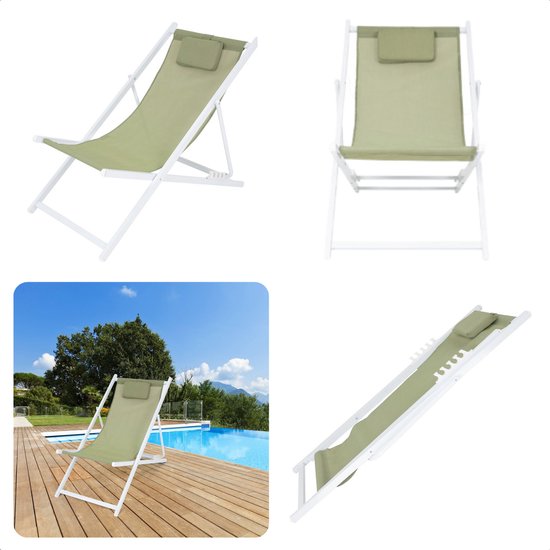 Cheqo® Ligstoel - Opvouwbare Tuinstoel - Strandstoel Opvouwbaar - Campingstoel - Wit Aluminium Frame - Groen Doek - Inklapbaar - Verstelbaar - 101x61x91cm - Gewicht 3.8kg van Cheqo
