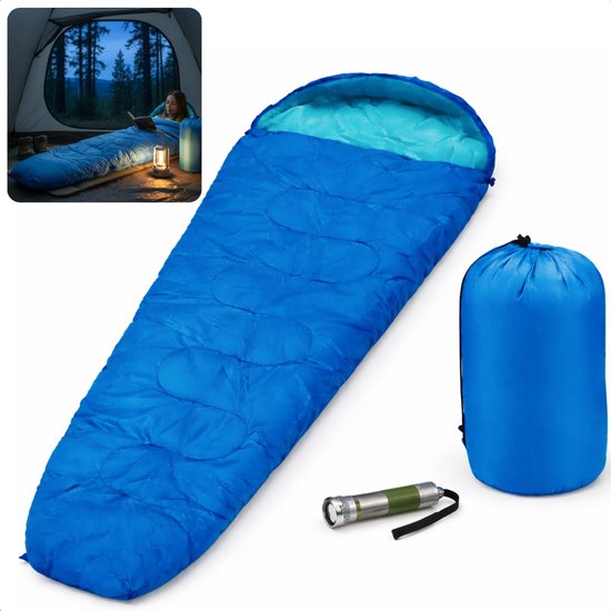 Cheqo® Mummy Slaapzak - Slaapzak Volwassenen - Blauwe Slaapzak - Slaapzak Kamperen - Zomerslaapzak - Slaapzak Zomer - Slaapzak Met Capuchon - Slaapzak Hiken - Slaapzak Backpacken - Slaapzak Festival - Outdoor Slaapzak van Cheqo