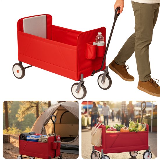 Cheqo® Opvouwbare Bolderkar - Bolderwagen - Rood - Opbergvak - Plat Opvouwbaar - Gemakkelijk Op Te Vouwen - 2 Bekerhouders - Transportkar - Eenvoudig Op Te Bergen - Strandkar van Cheqo
