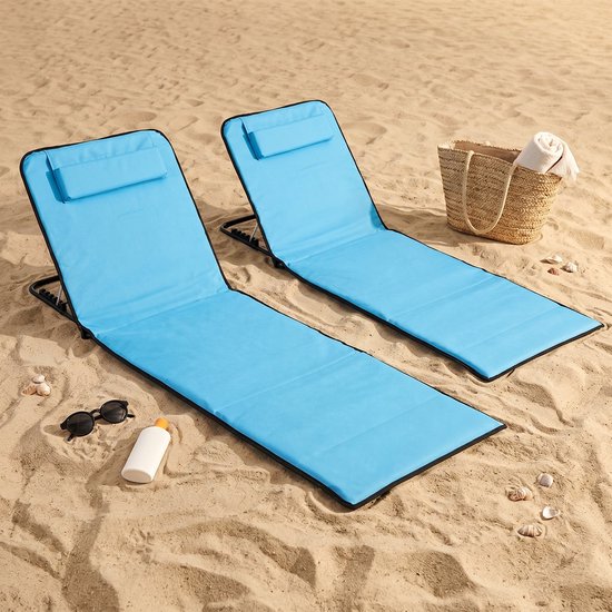 Cheqo® Strandmat Set van 2 - Opvouwbaar met Verstelbare Rugleuning - Strandstoel Inklapbaar - Ligstoel - Strandbed - Opbergvak - Hoofdkussen - Draagtas - Campingstoel - Tuinstoel - Strandstoelen - Ligmat - Ligbed