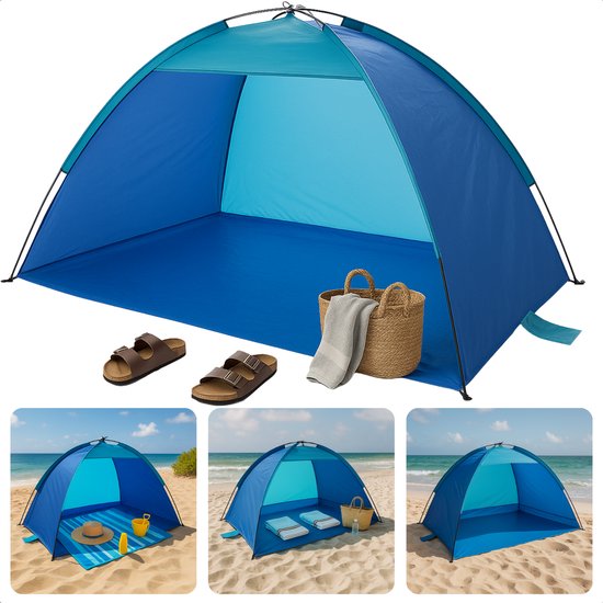 Cheqo® Strandtent UV Bescherming - Strand Tent - Blauwe Tent voor Strand - Polyester & Fiberglas - Opvouwbaar van Cheqo