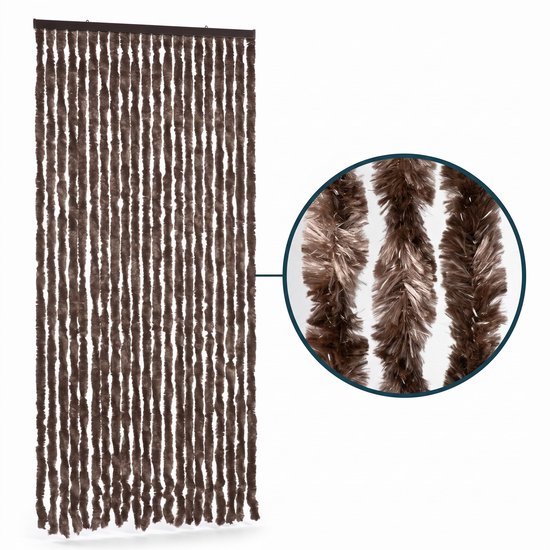 Cheqo® Vliegengordijn 90x210 cm Bruin - Insectengordijn - Deurgordijn - Kattenstaart - Horgordijn - Hordeur - Pluche Strengen - Chenille - Muggengordijn - Vliegenhor - Anti Insecten - voor Deur, Tuindeur, Balkondeur, Caravan en Camper