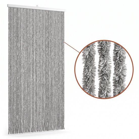 Cheqo® Vliegengordijn 90x210 cm Grijs Gemêleerd - Insectengordijn - Deurgordijn - Kattenstaart - Horgordijn - Hordeur - Pluche Strengen - Chenille - Muggengordijn - Vliegenhor - Anti Insecten - voor Deur, Tuindeur, Balkondeur, Caravan en Camper