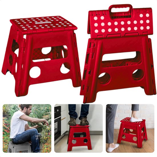 Cheqo® Vouwbare Opstapkruk - Opstapje - Trapje - Kruk - Krukje - Keukentrap - Keukentrapje - Opvouwbaar - Anti-Slip - ABS Materiaal - Max. 100 kg - Rood van Cheqo