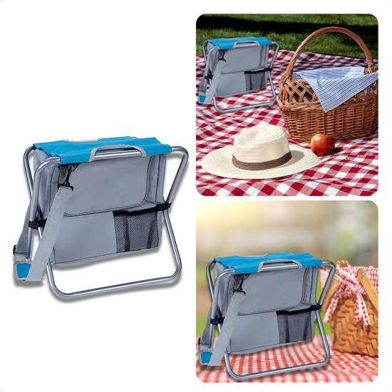 Cheqo® Vouwkruk met Koelbox - Koeltas Opvouwbaar - 30x30x20 cm - Campingstoel - Vissersstoel - Reistas - Stoel - Blauw van Cheqo®