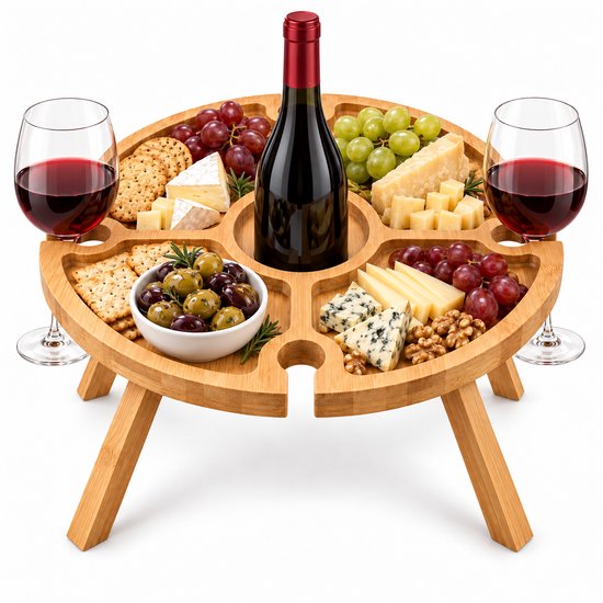 Cheqo® Wijntafel Inklapbaar - Picknicktafel - Bijzettafel - Wijnglashouder - Borrelplank - Kaasplank - Tapasplank - Mini Campingtafel - Klaptafel - Strandtafel - Borreltafel - Hapjestafel - Dranktafel - Wijn Accessoires - Wijn Cadeau