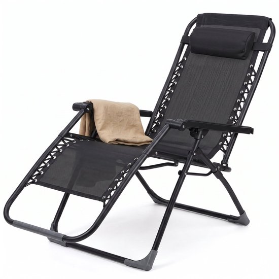 Cheqo® Zero Gravity Stoel - Verstelbare Ligstoel - Opvouwbare Relaxstoel - Loungestoel Buiten - Campingstoel - Strandstoel - Relaxfauteuil - Tuinstoel - Zonneligstoel - Ligbed Tuin - met Hoofdsteun, Voetensteun en Armleuningen - Zwart