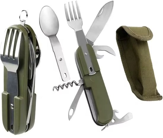 CHPN - Bestekset - Survival bestekset - Zakmes - Campingbestek - Met hoesje - Kurkentrekker - Openere - Lepel - Vork - Multitool - Gadget - Outdoor - Groen