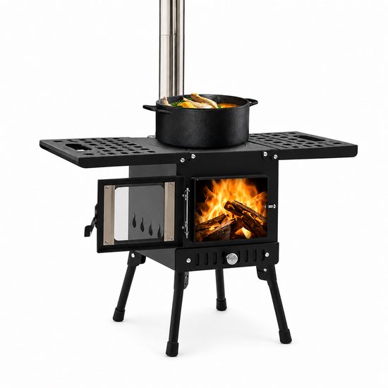 CINK EmberTrail® Camping Houtkachel met Schoorsteen – Opvouwbare Outdoor Kachel – Verstelbare Hoogte 36-56 cm – Geschikt voor Koken & Verwarmen – Zwart
