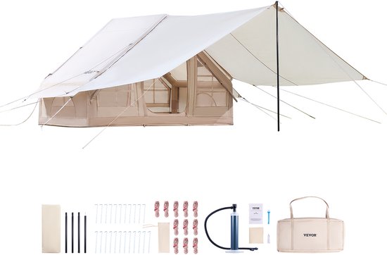 CINK Outdoor AirTent 300D - Opblaasbare Kampeertent 3-5 Personen - 65 sq.ft - 300D Oxford - Waterdicht PU3000 - Incl. Pomp & Luifel - Snel Opzetten (10 min) van Merkloos