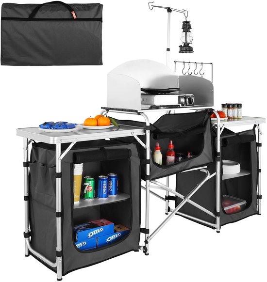 CINK Pro® Camping Keukentafel Opvouwbaar – Outdoor Kitchen met Opbergvakken & Windscherm – Aluminium Camping Kast BBQ Tafel – Inclusief Draagtas