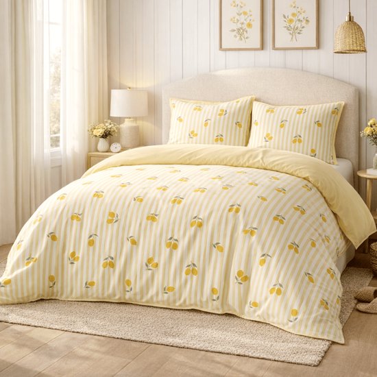 Citroen Dekbedovertrek - 1-Persoons - Geschikt voor 140x200 cm - Geel/Wit Geruit met Citroenen - Inclusief Kussensloop