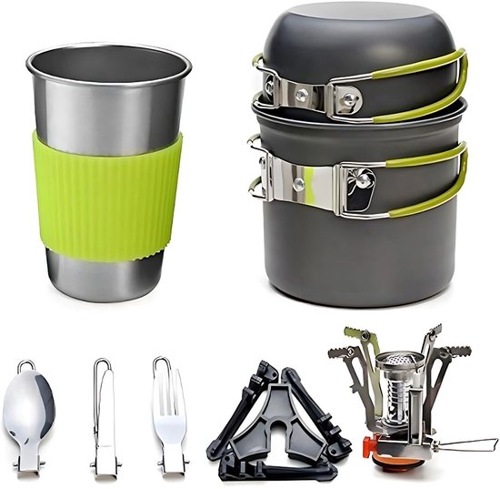 Coemo 7-delige outdoor kookset, groen, campingfornuis, pannenset met rugzakfornuis, roestvrijstalen beker, mes, vork en lepel voor backpacken, kamperen, wandelen en picknicken.