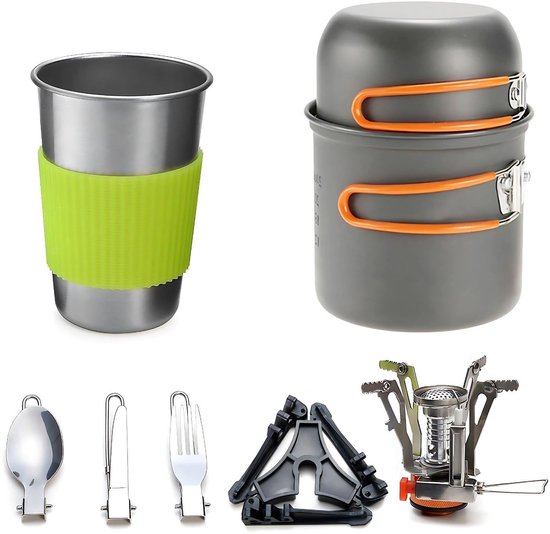 Coemo 7-delige outdoor kookset, oranje, campingfornuis, pannenset met rugzakfornuis, roestvrijstalen beker, mes, vork en lepel voor backpacken, kamperen, wandelen en picknicken