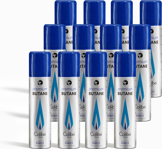 Colibri - Butaan gasbussen 90 ml gas voor het bijvullen van Gasaansteker, Gasbrander, Campingkooktoestellen - 12 gasflessen - 99,9994% Puur Butaangas van Colibri