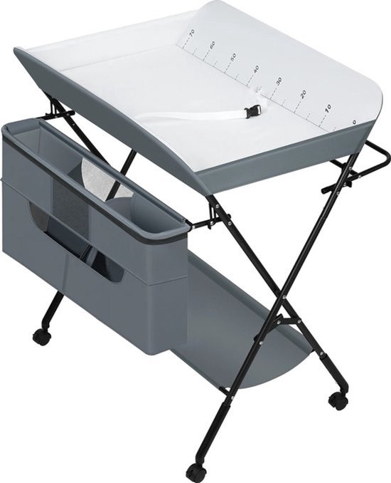 Collox Babyverschoontafel - Verschoonkussen - Opvouwbaar - Verrijdbaar - In hoogte verstelbaar 95 tot 101 cm - Met opbergmand - Laadvermogen maximaal 50 kg - 77x52x101 cm - Grijs