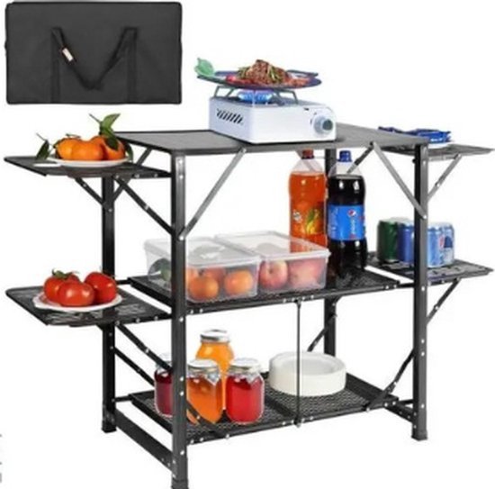 Collox Camping keukentafel - Klaptafel voor buiten - Opvouwbaar - Draagbaar - Afmeting open 126 x 46 x 81 cm - Zwart
